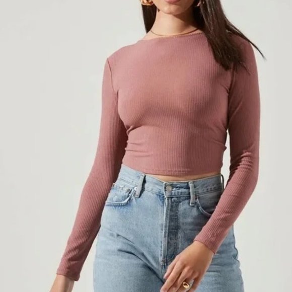 ASTR‎ The Label Toluca Crossed Open Back Ribbed Crop Top Long Sleeves Shirt - Picture 3 of 8